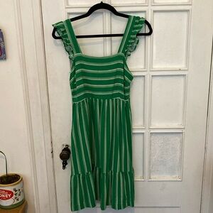 Green linen striped summer dress